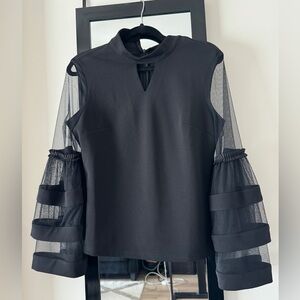 Bell sleeve black mesh top